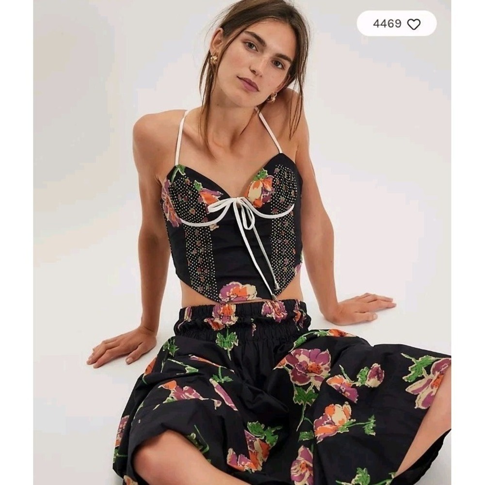Free People Luca Printed Bustier Corset Top Shirt Black Floral Size L OB2317157
